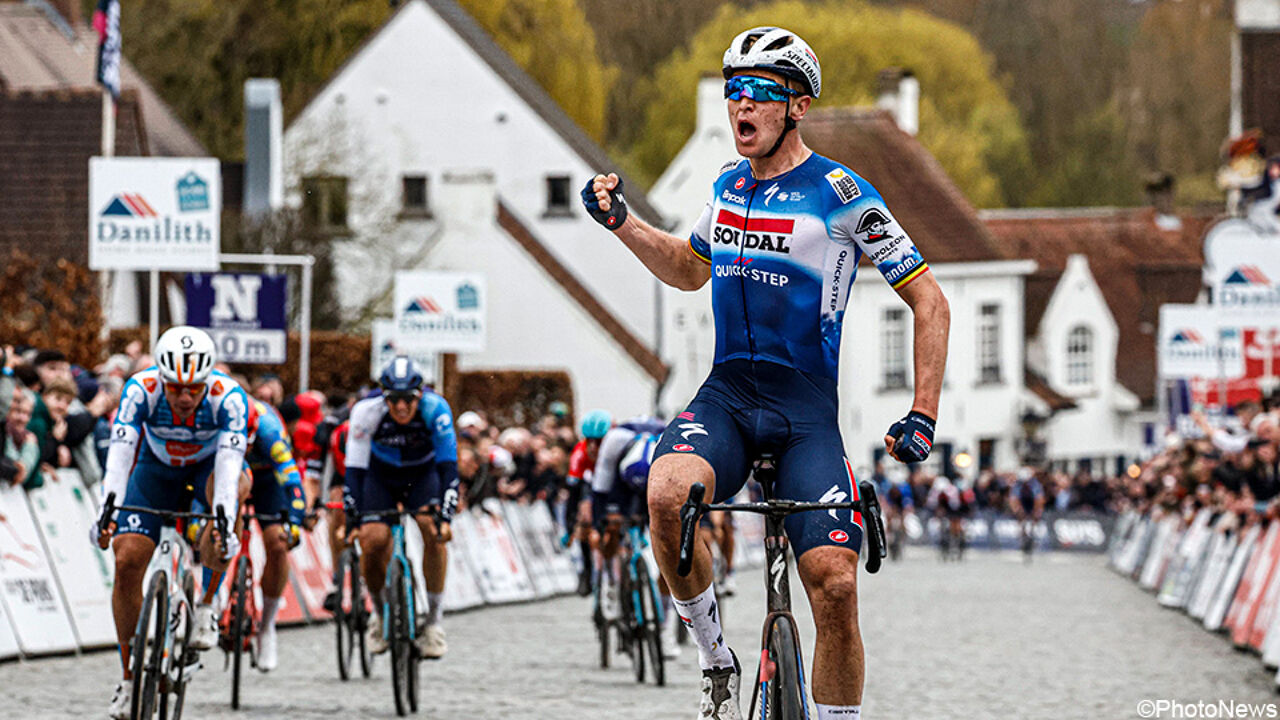 No one in the picture!  A very powerful Tim Merlier scores a hat-trick in Nokere Koerse after an incident-filled final