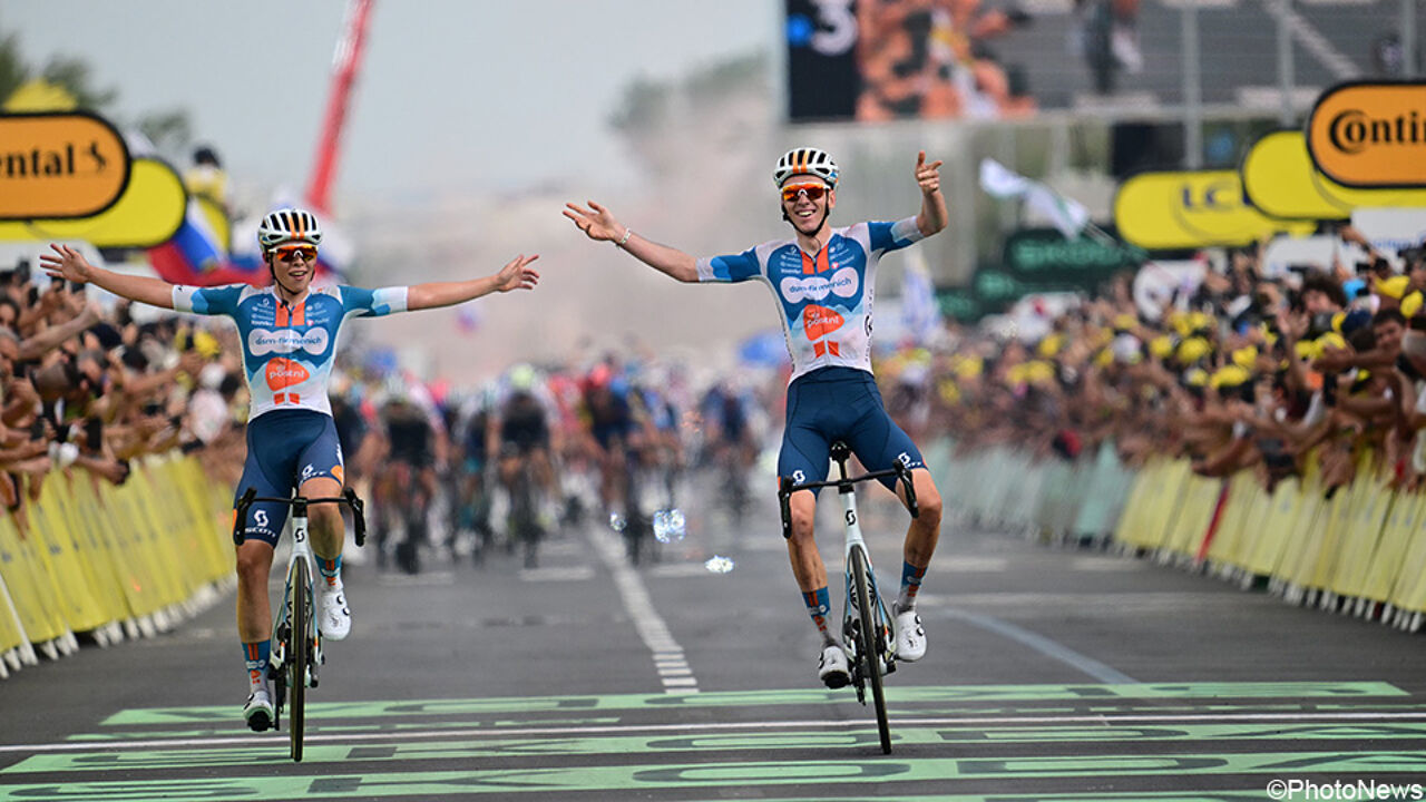 Celebrating throughout the end line in his very first Tour stage: Frank van den Broek (virtually) makes his dream come true