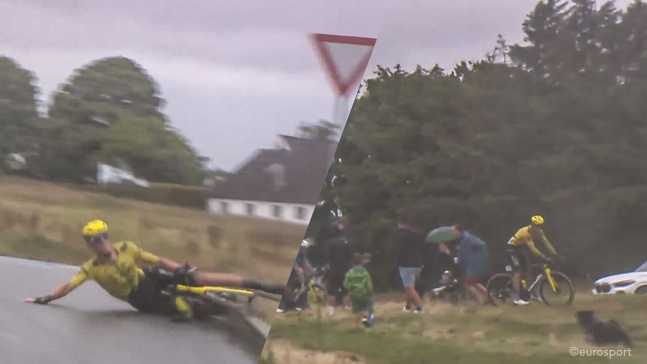 Wat een save van Wout van Aert! Terwijl ploegmakker tegen de vlakte smakt, jumpt hij veilig de grask